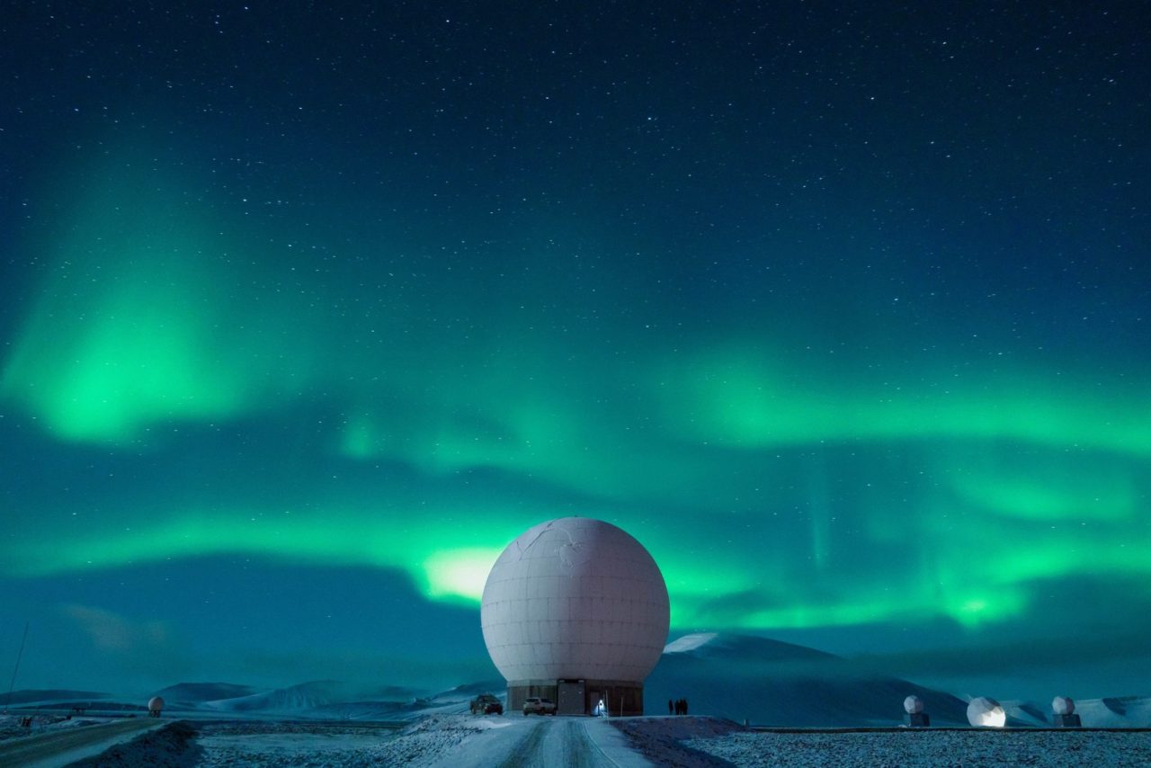 Joint polar satellite system in Norway with the Northern Lights in the background