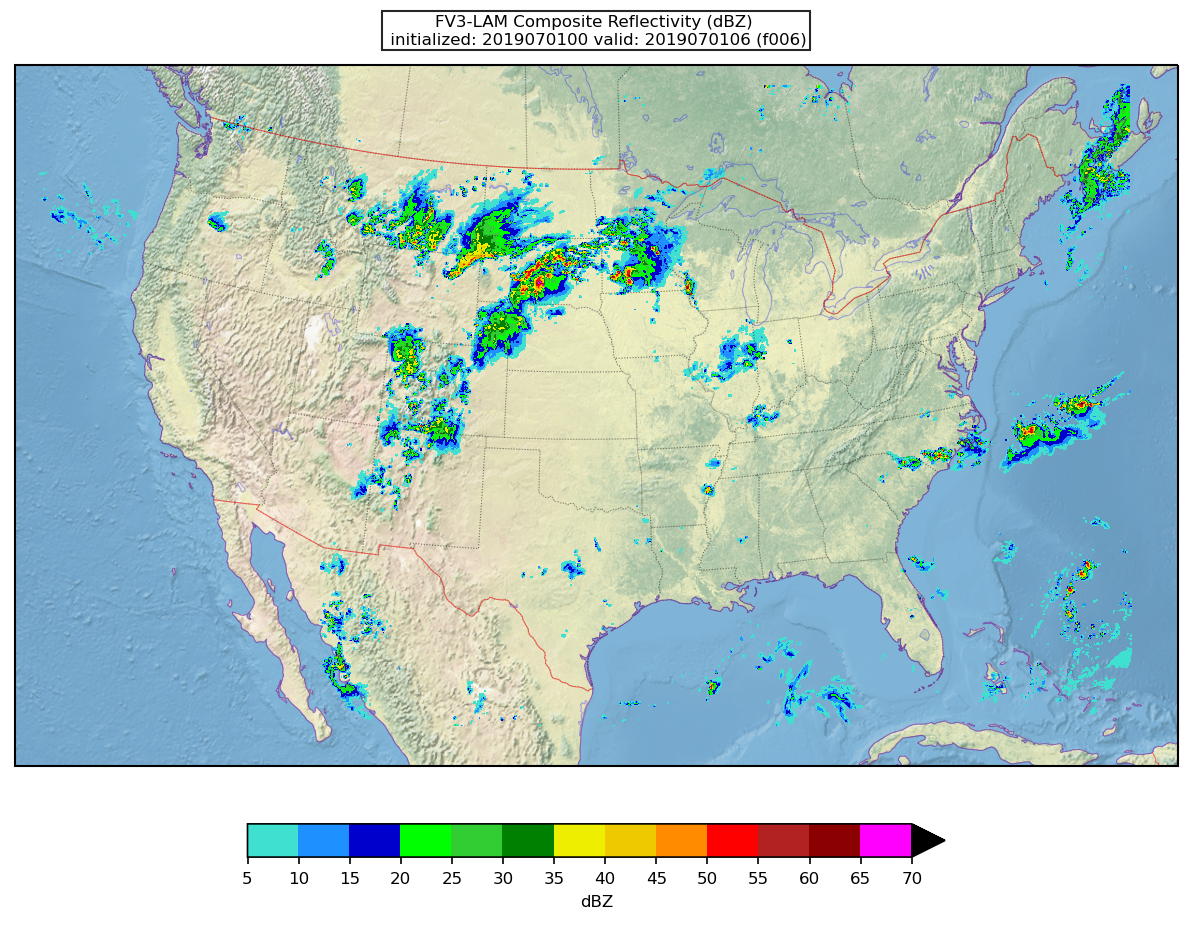 Plot of the USA, from a high resolution, 3 km, forecast over the CONUS on July 1, 2019