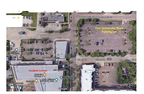 Map of free parking at One University Place parking lot.