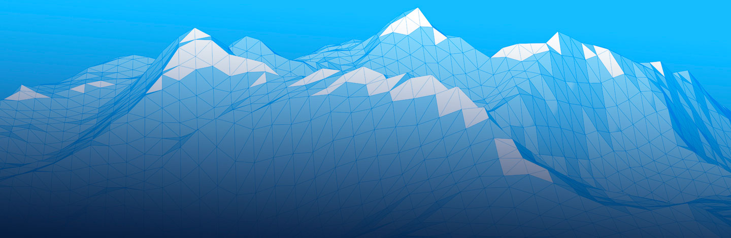 Land Data Assimilation (DA) System Background Banner showing low poly mountains landscape, and polygonal shapes peaks. 3d illustration as a blue triangle mosaic background.